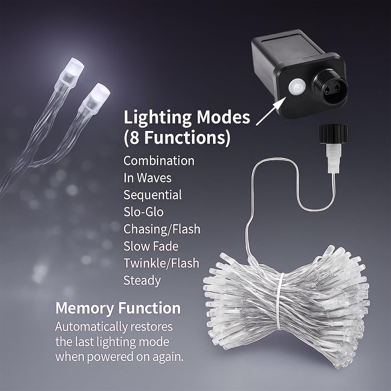 Cool White String Lights 33 ft, 100 LED, Plug In with 8 Modes