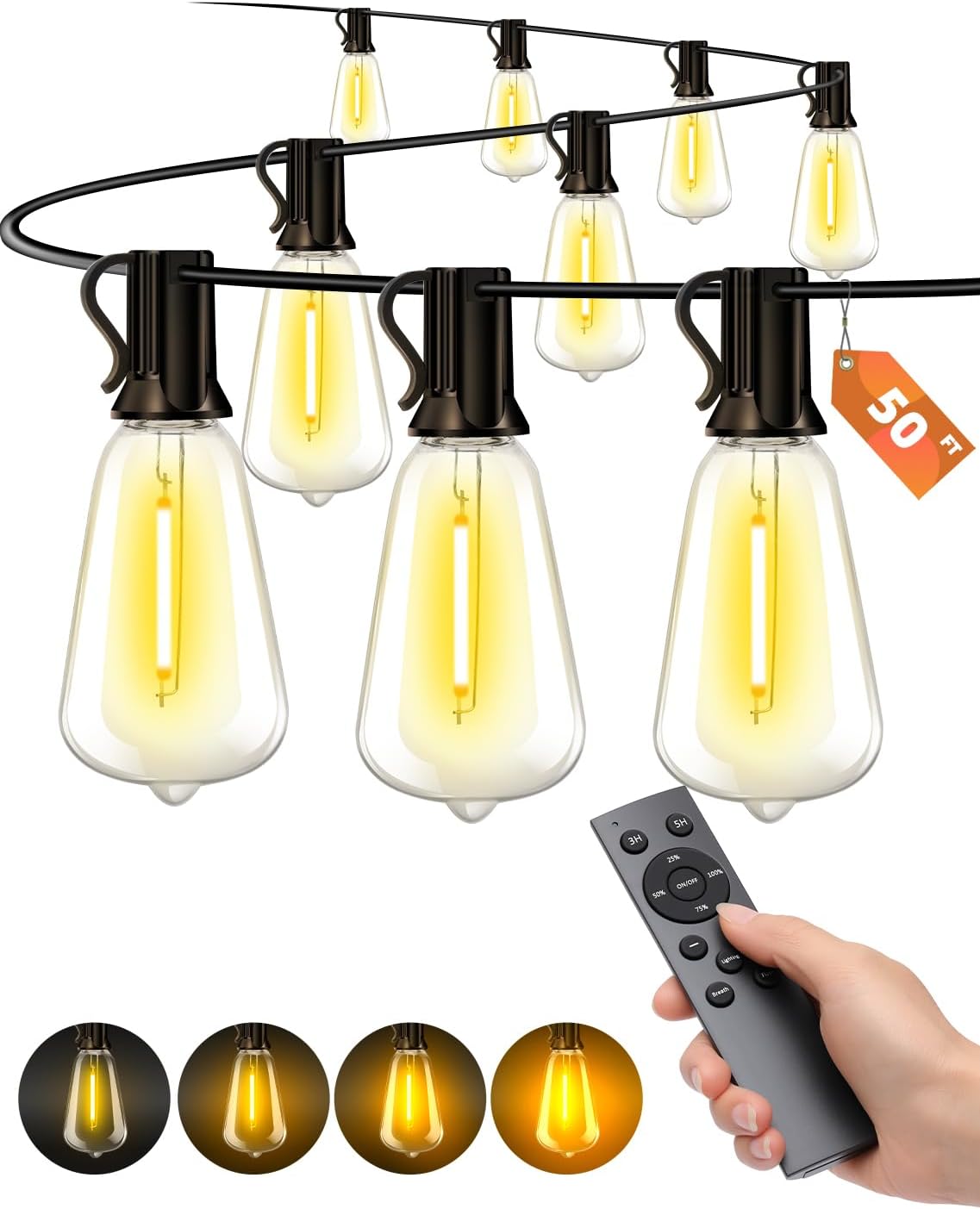 Outdoor Patio String Lights 100 ft, Waterproof with Remote Dimmer