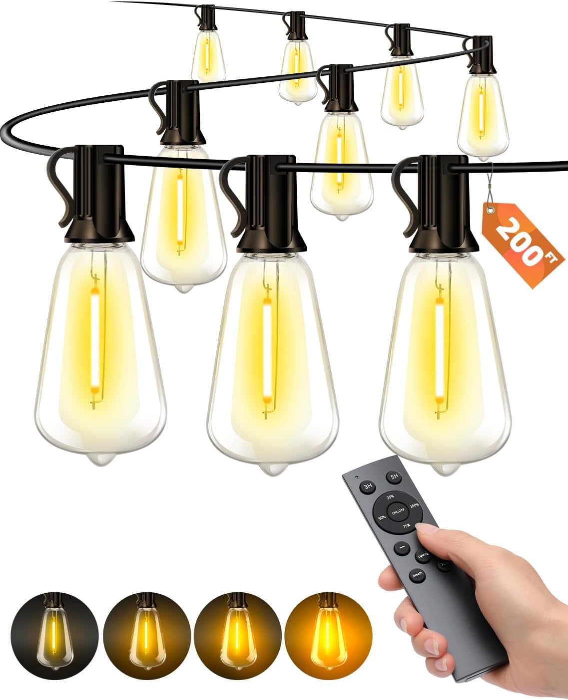 Outdoor Patio String Lights 100 ft, Waterproof with Remote Dimmer