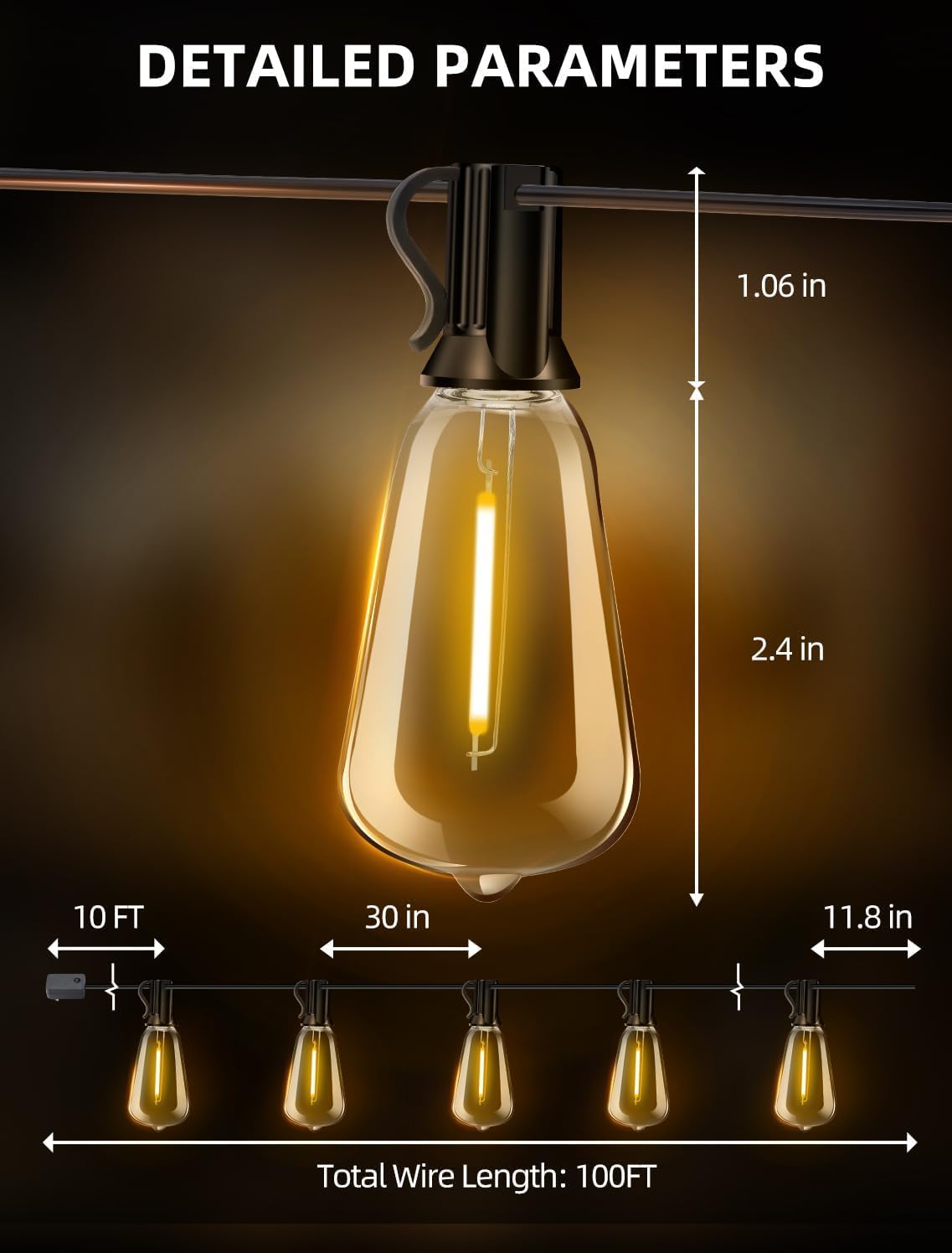 Outdoor Patio String Lights 100 ft, Waterproof with Remote Dimmer