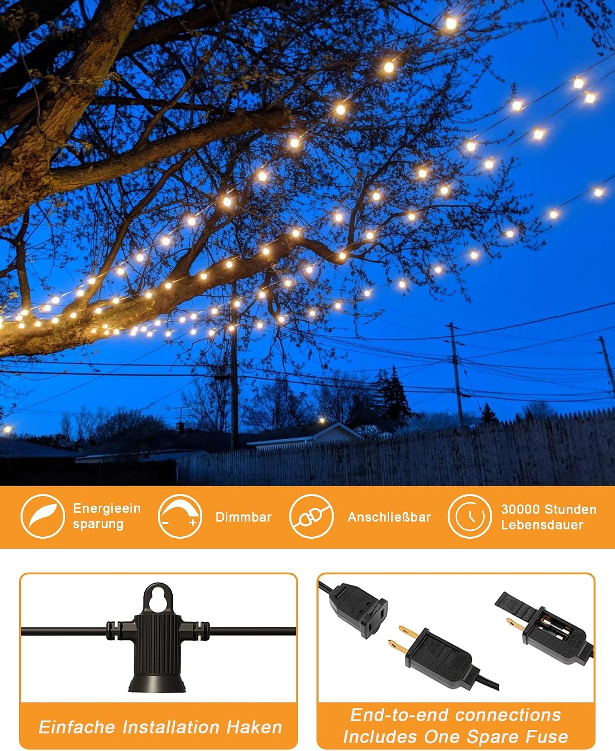 Outdoor String Lights 100 ft with 53 Shatterproof G40 Globe Bulbs