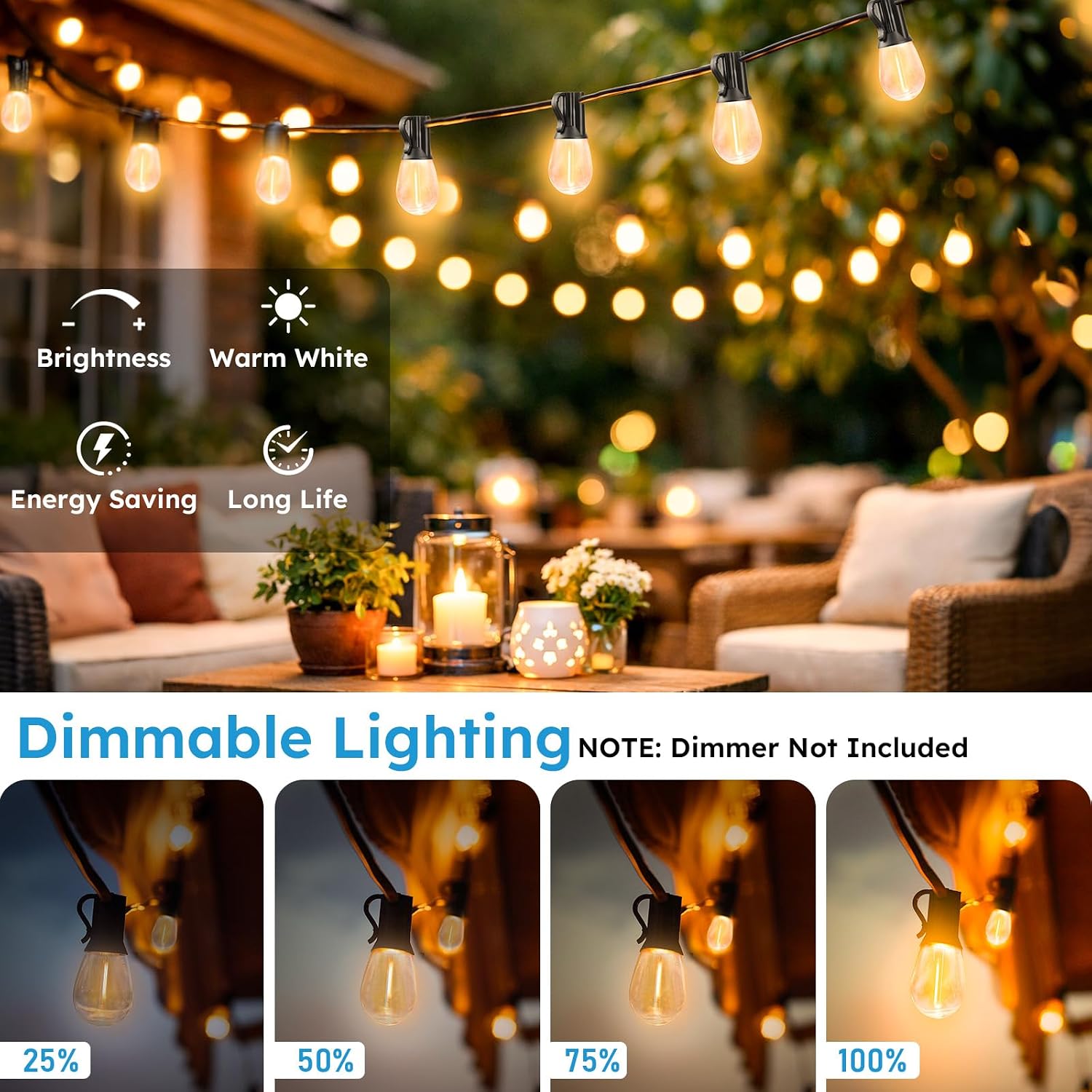 Outdoor String Lights 200 ft with 62 Shatterproof Bulbs, Waterproof