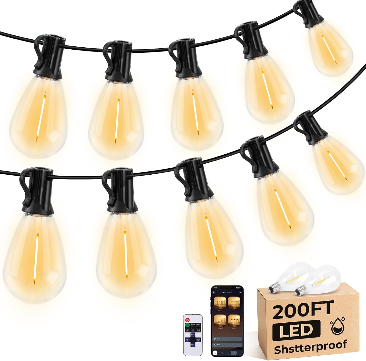 Outdoor String Lights 200 ft with 62 Shatterproof Bulbs, Waterproof