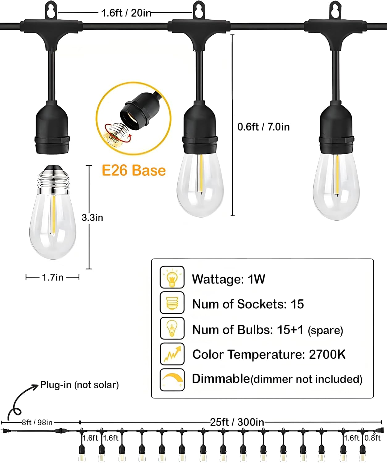 Outdoor String Lights 25 ft with 16 Edison Bulbs for Patio and Porch