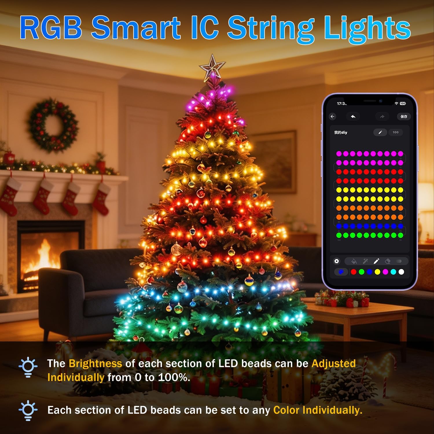 Rechargeable RGB String Lights 16 ft, 50 LED, Indoor with Controller