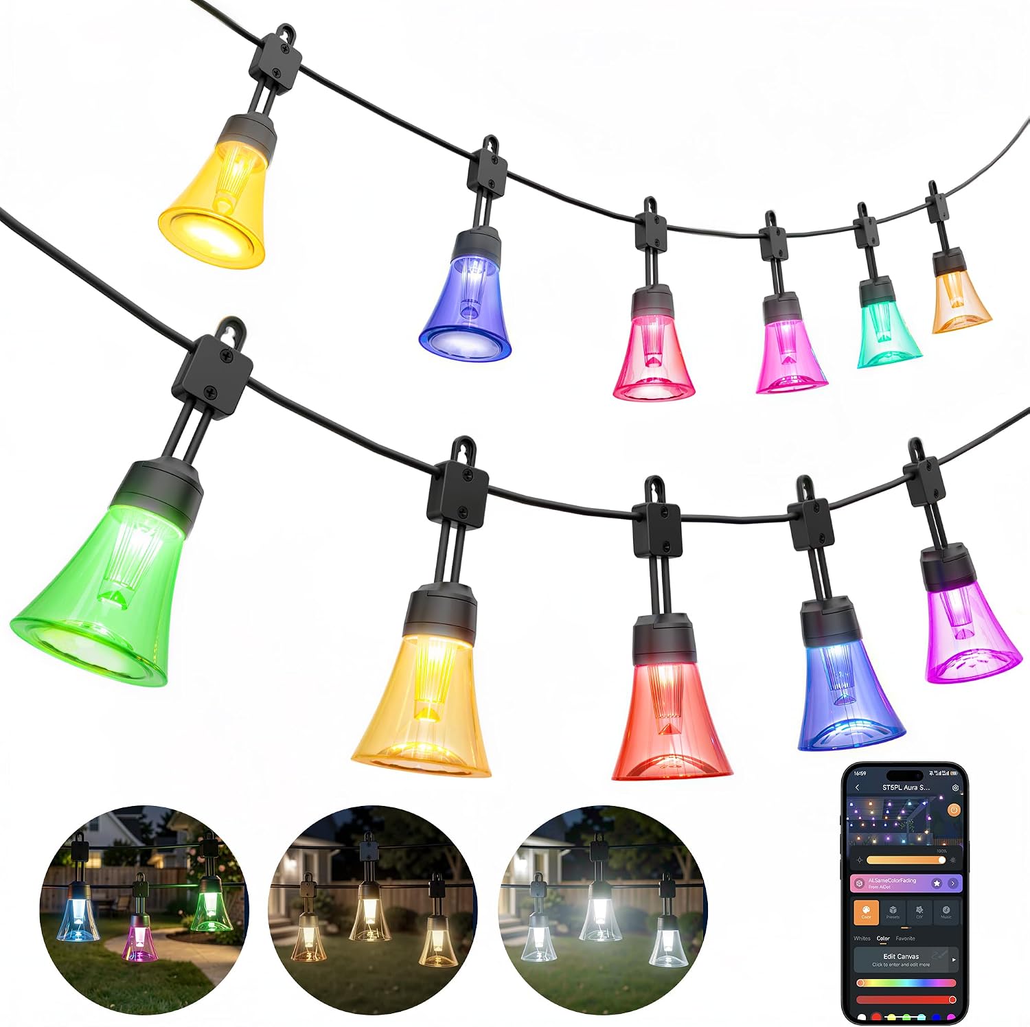 Smart Outdoor String Lights 48 ft with 20 RGB Bulbs