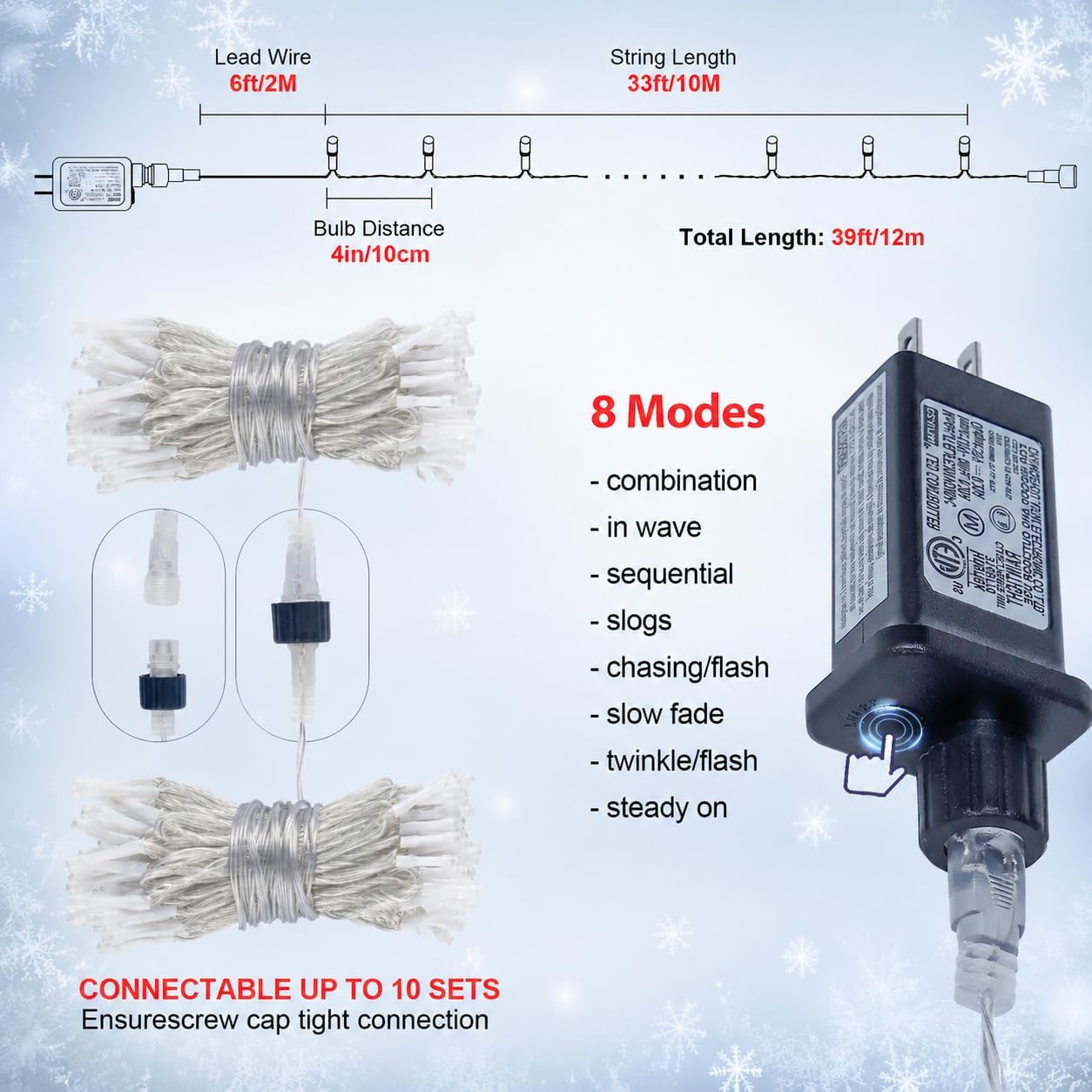 White String Lights 33 ft, 100 LED, Extendable Outdoor Set